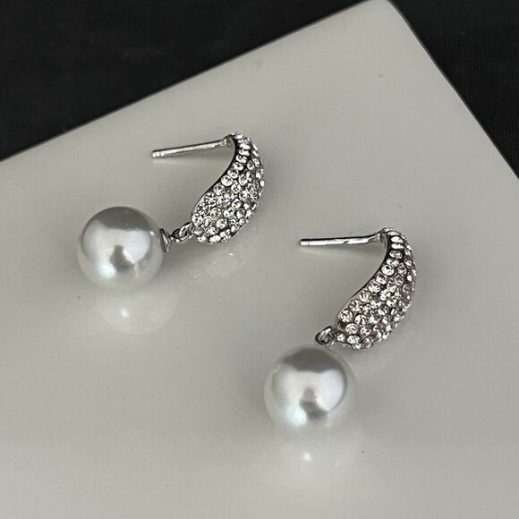 Designer Earrings Silver Tone Crystals Simulated Pearls Dangle Bridal Jewelry 4B - Picture 4 of 6